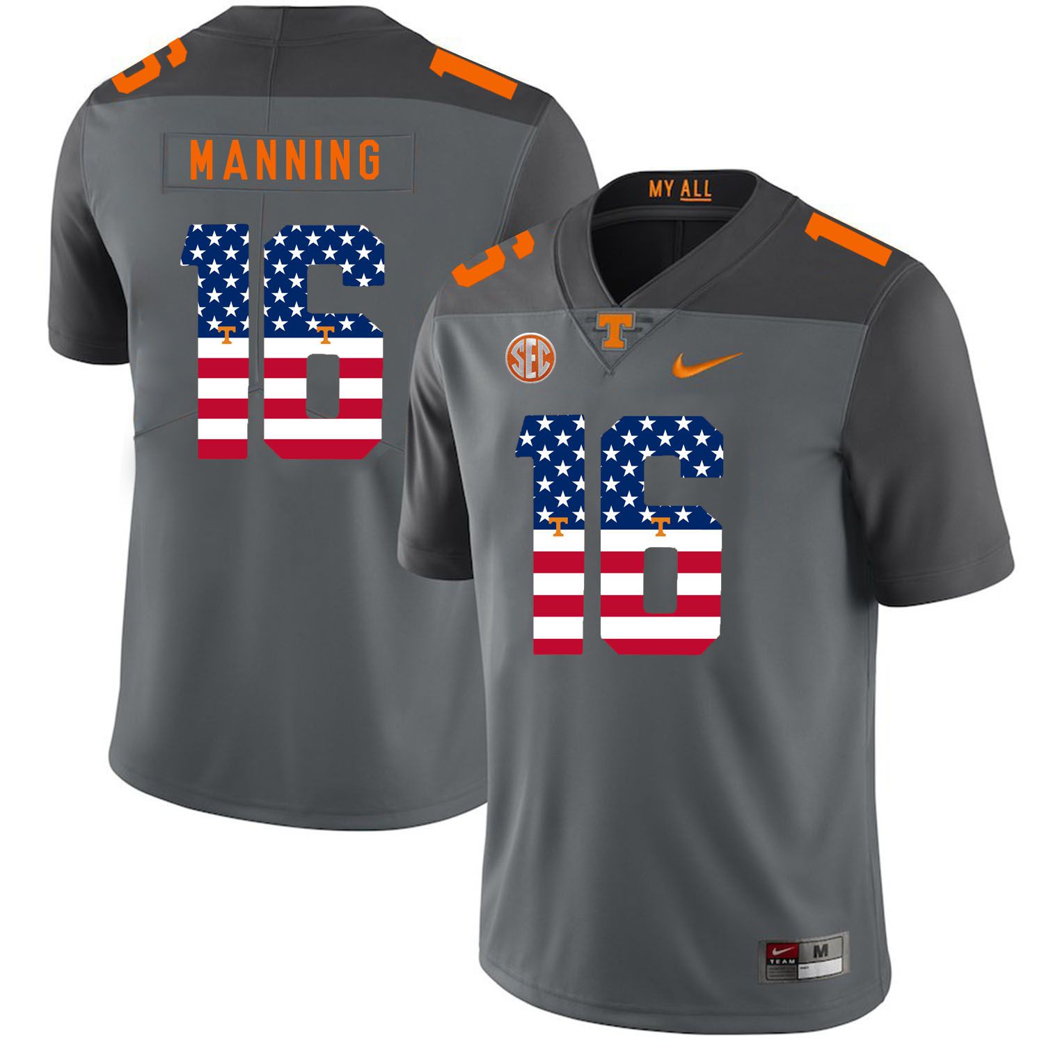 Men Tennessee Volunteers #16 Manning Grey Flag Customized NCAA Jerseys